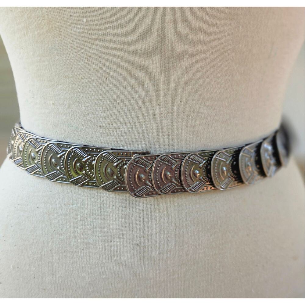 VTG Silver Stretch Belt | Southwestern Concho Western Boho Statement Belt M/L - Picture 3 of 9
